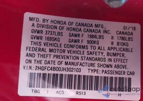 2018 Honda Civic Lx-P из США, поврежденный, VIN 2HGFC4B00JH302103